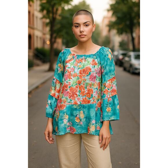 NEW Calessa Garden Floral Print Scoop Neck Peasant Tunic Shirt Blouse L NWT - Picture 1 of 11